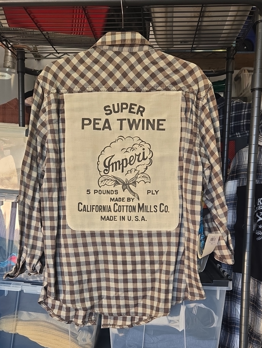 Men’s Brown & Cream Checked Button-Down Shirt with Graphic Back Patch